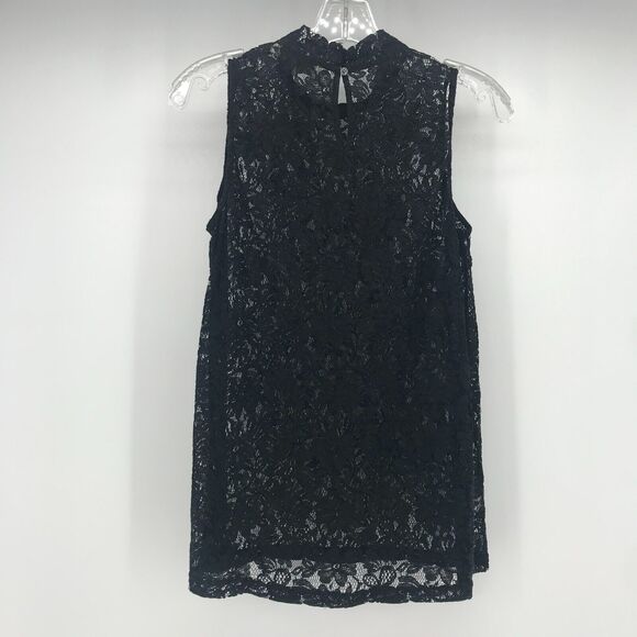 LOFT Top Womens Small Black Lace Embroidered Mock Neck Sleeveless Semi Sheer - Picture 6 of 11